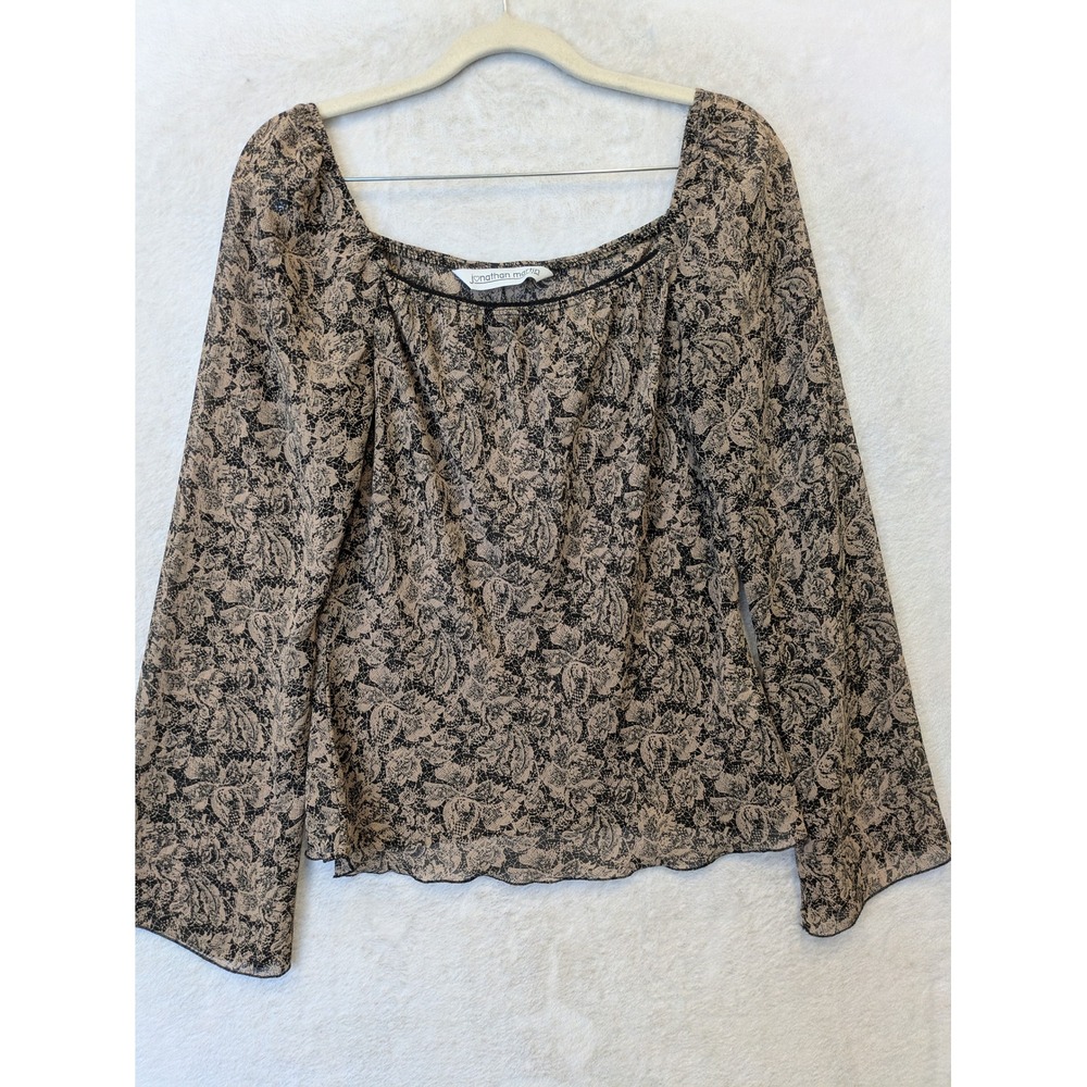 Jonathan Martin Blouse Women's S Tan Black Paisley Lace Print Square Neck